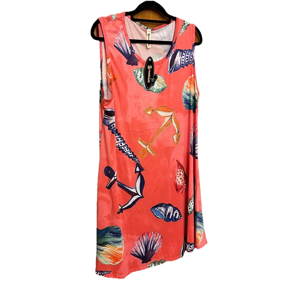 Shoreline Women's Dress Coral With Aquatic Design Gold Studded Anchor Sz L/XL - Picture 1 of 7